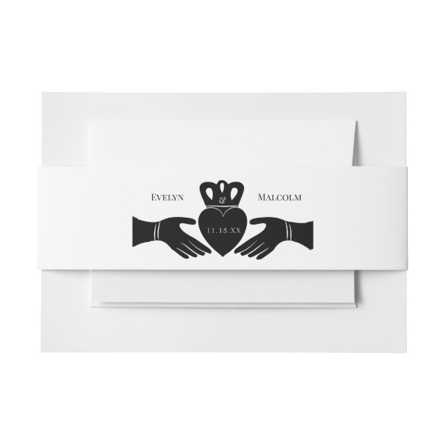Irish Claddagh Ring Simple Black and White Wedding Invitation Belly Band (Front Example)