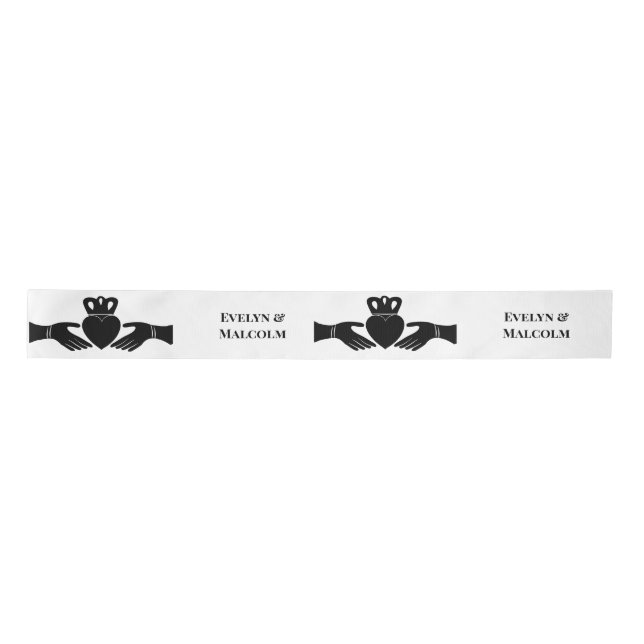 Irish Claddagh Ring Simple Black and White Wedding Satin Ribbon (Front)