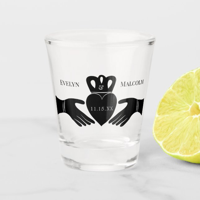 Irish Claddagh Ring Simple Black and White Wedding Shot Glass (Front)