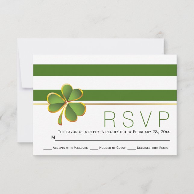 Irish clover green, white stripes wedding RSVP Card (Front)