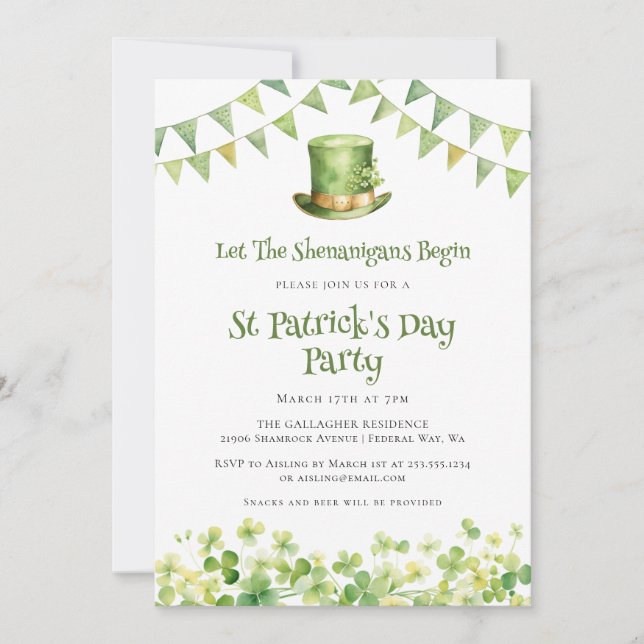 Irish Clover Leprechaun Hat Lucky Shenanigans Invitation (Front)
