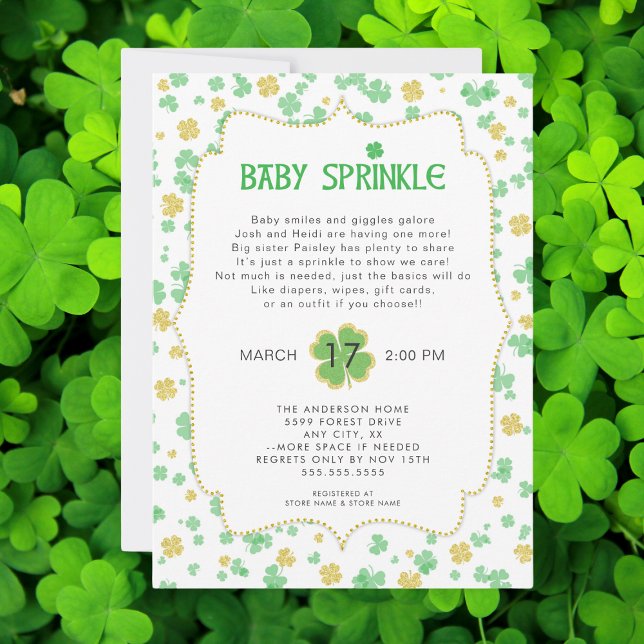 Irish Clovers Baby Sprinkle, neutral green gold Invitation (Creator Uploaded)