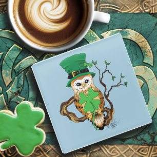 Irish Clovers Owl Green Glass Coaster