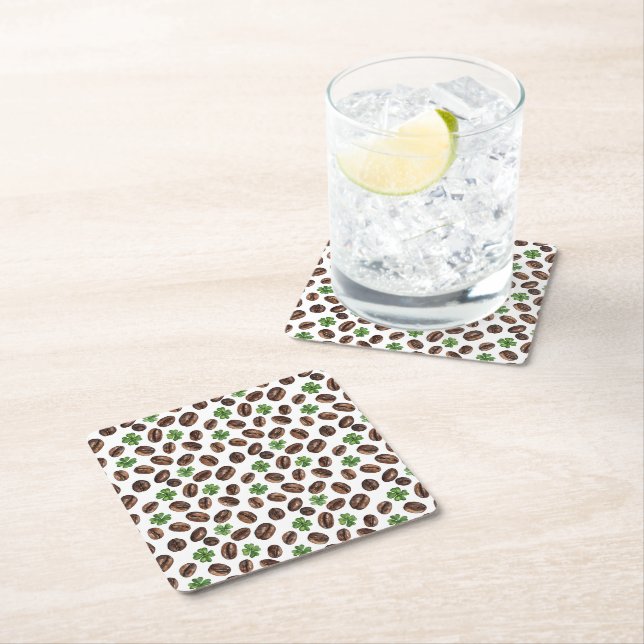Irish Coffee Beans and Shamrocks Funny Design Square Paper Coaster (Insitu)
