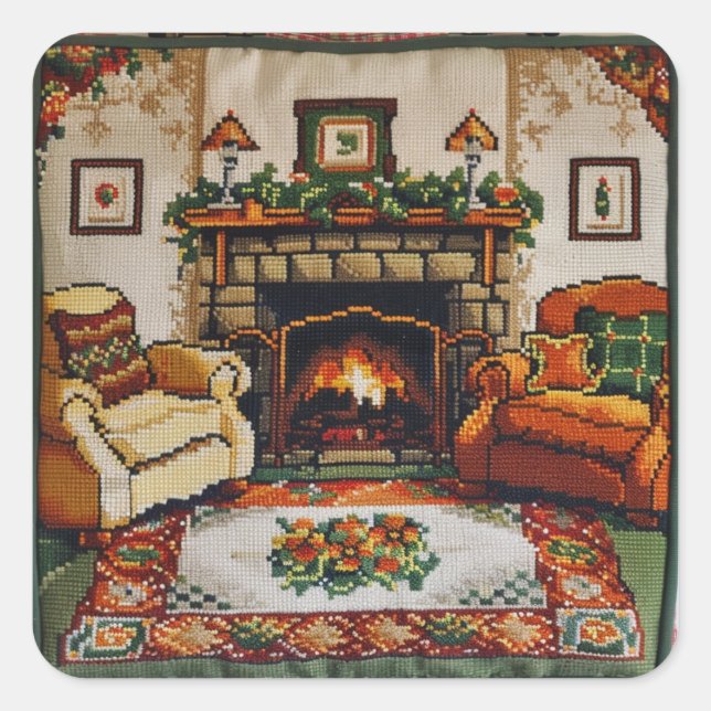 Irish cottage needlepoint square sticker (Front)