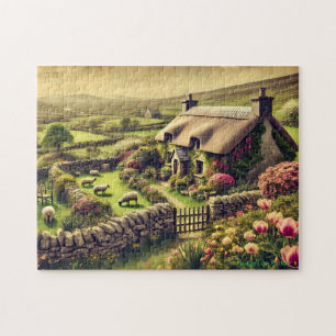 Irish Cottage Puzzle, Vintage Countryside Scene Jigsaw Puzzle