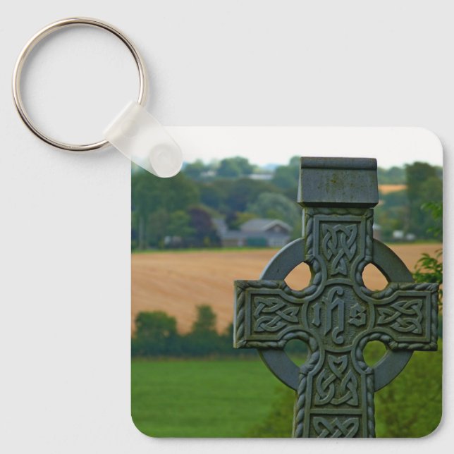 Irish countryside Celtic Stone cross, Ireland flag Keychain (Front)