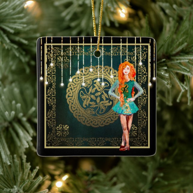 Irish Dance Green and Gold Celtic Knot Christmas Ceramic Ornament (Tree)