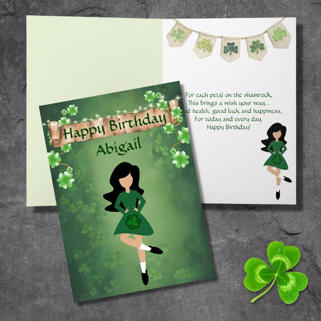 Irish Dance Shamrock Wishes Black Hair Birthday  Card (Creator Uploaded)