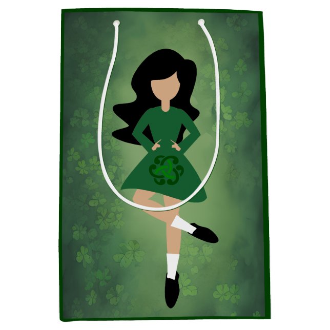 Irish Dancer with Black Hair | Green Clovers Dance Medium Gift Bag (Front)