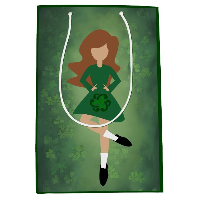 Irish Dancer with Brown Hair | Green Clovers Dance Medium Gift Bag (Front)