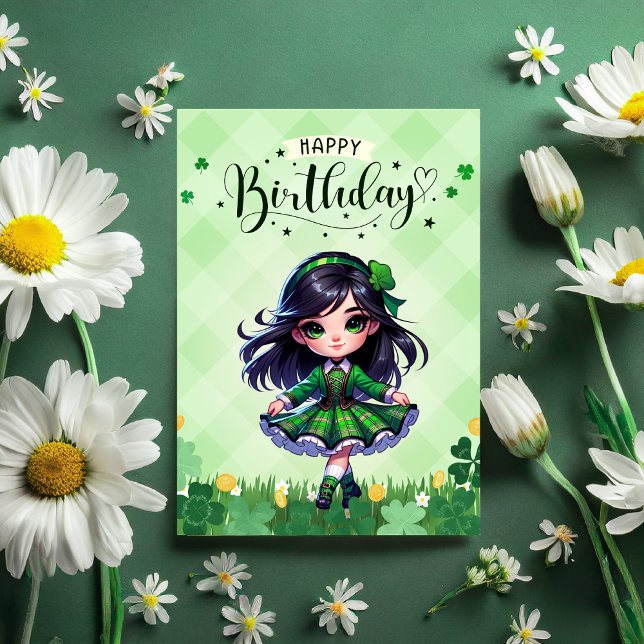 Irish Dancing Lass Birthday Greeting Card (Irish Dancing lass on a Happy Birthday Card in green on backdrop of dark green and fresh daisies.)