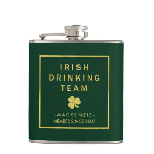 Irish Drinking Team Green and Gold with Shamrock Hip Flask