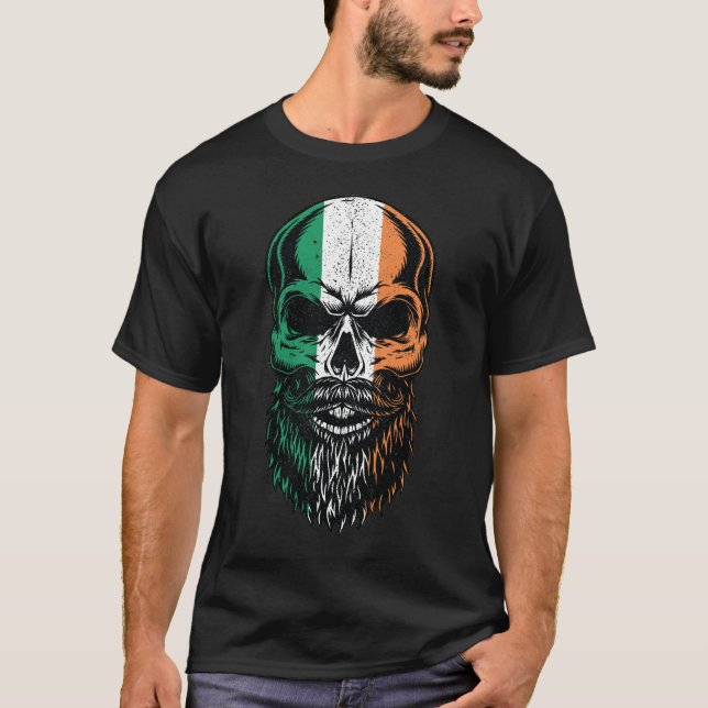 Irish Flag Bearded Skull Head Saint Patricks Day T-Shirt (Front)