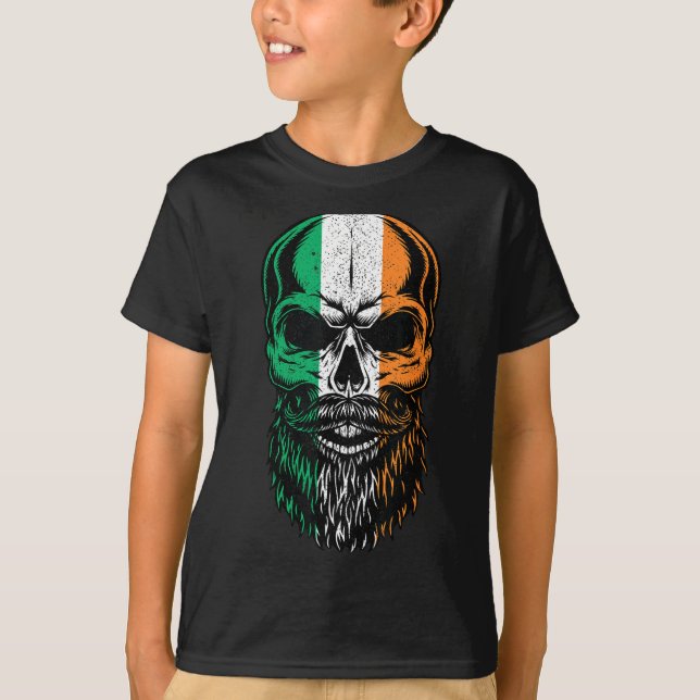 Irish Flag Bearded Skull Head Saint Patrick's Day  T-Shirt (Front)