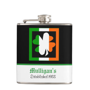 Irish Flag Border Shamrock Personalized Hip Flask