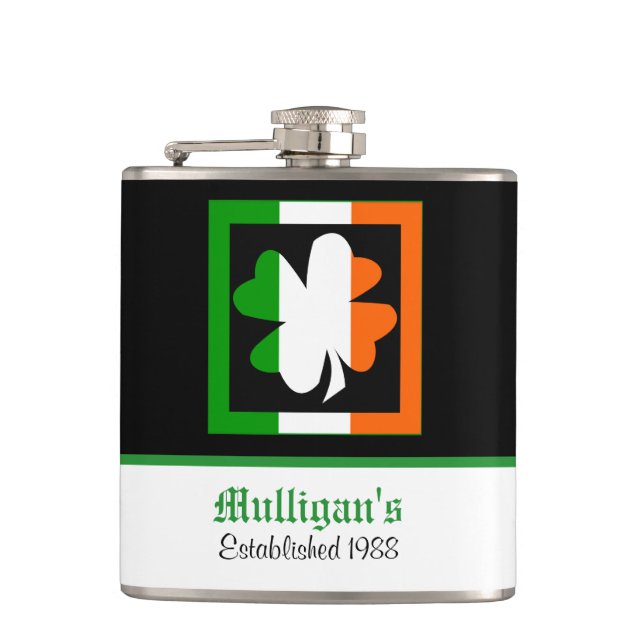 Irish Flag Border Shamrock Personalized Hip Flask (Front)