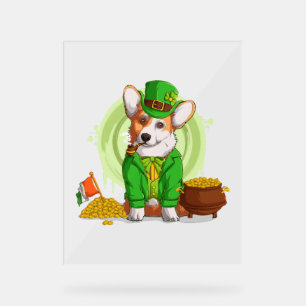 Irish Flag Corgi Dog Smoking a Pipe, Shamrock St P Acrylic Sign