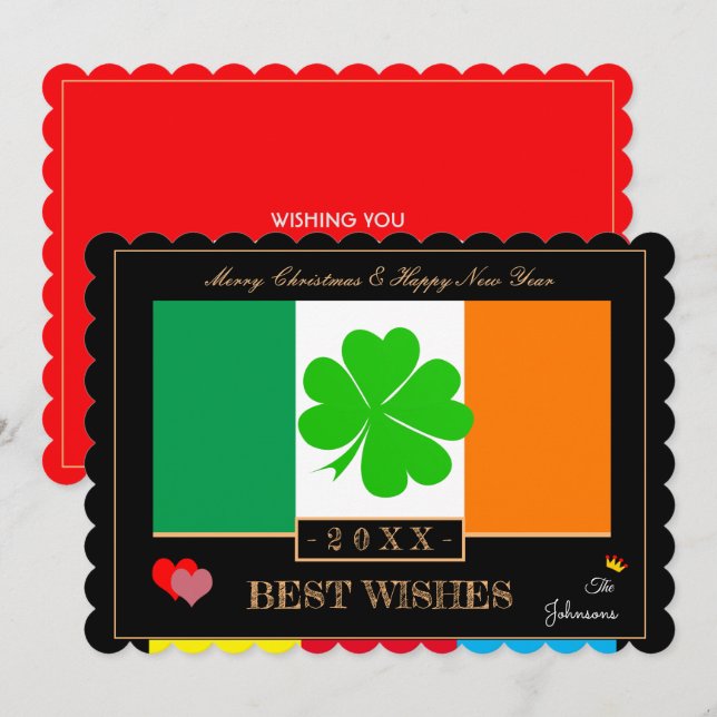 Irish Flag & Happy New Year/Best Wishes Shamrock Holiday Card (Front/Back)