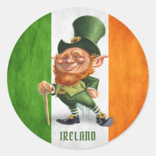IRISH FLAG LEPRECHAUN CLASSIC ROUND STICKER