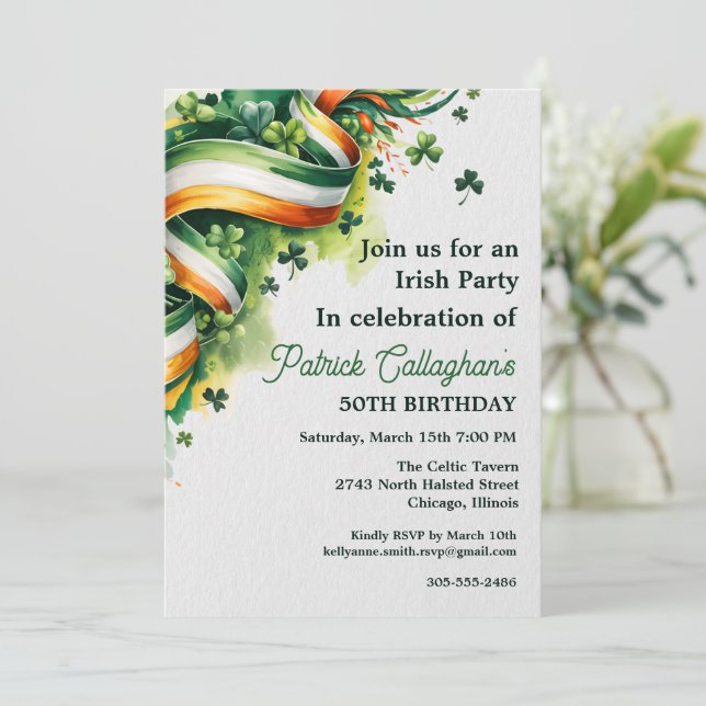 Irish Flag Ribbon Shamrock Green White Orange  Invitation (Standing Front)