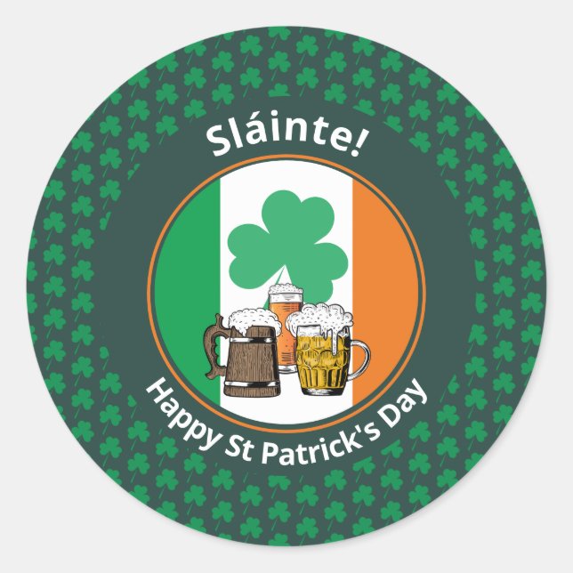 Irish Flag Shamrock Beers St Patricks Day Classic Round Sticker (Front)