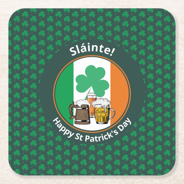 Irish Flag Shamrock Beers St Patricks Day Square Paper Coaster (Front)