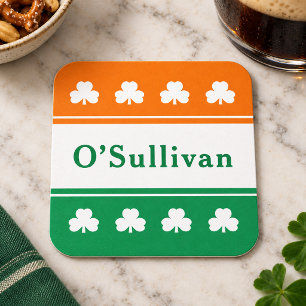 Irish Flag Shamrock Monogram Last Name Square Paper Coaster