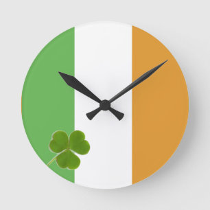Irish Flag With Shamrock Round Clock