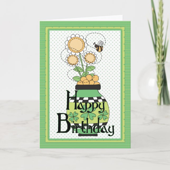 Irish Flower Pot Happy Birthday Greeting Card (Front)