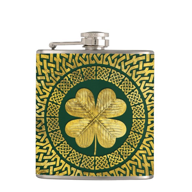 Irish Four-leaf clover with Celtic Knot Hip Flask (Front)