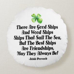 Irish Friendship Ships Proverb Four Leaf Clover  Round Pillow