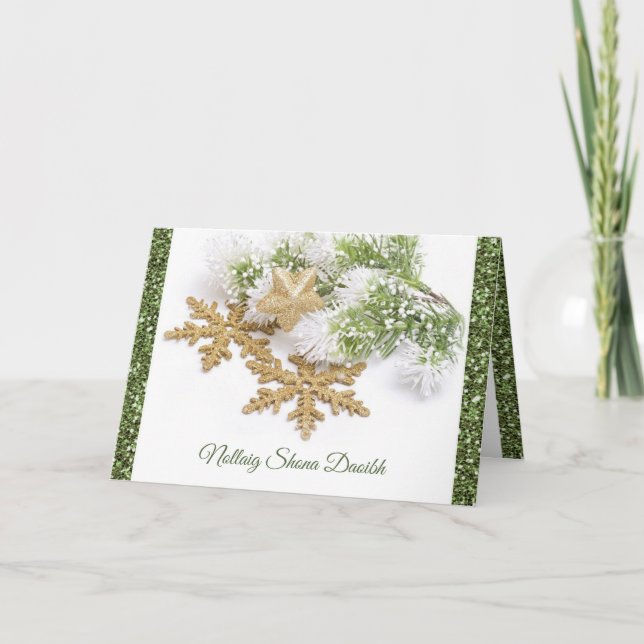 Irish Gaelic Christmas,  gold snowflakes, spruce Holiday Card (Front)