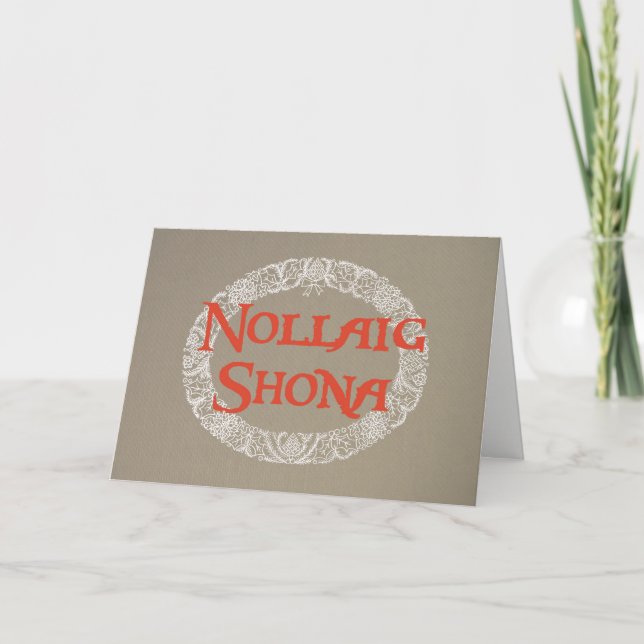 Irish Gaelic Christmas Wreath White Red on Burlap Holiday Card (Front)