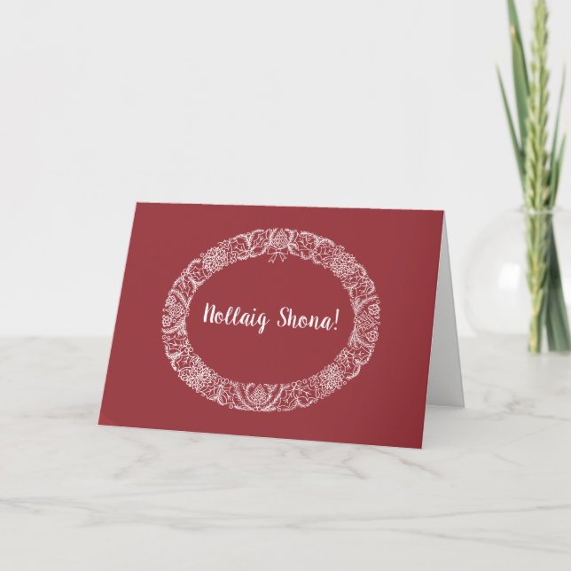 Irish Gaelic Greeting Christmas Wreath White Red Holiday Card (Front)