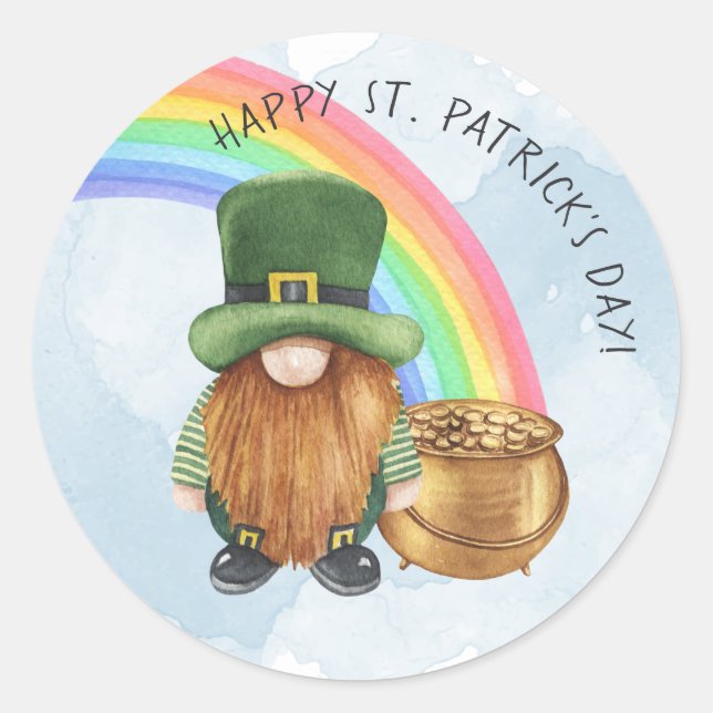 Irish Gnome Pot of Gold Custom St Patrick's Day Classic Round Sticker (Front)