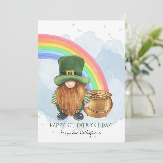 Irish Gnome Pot of Gold Custom St Patrick's Day Holiday Card (Standing Front)