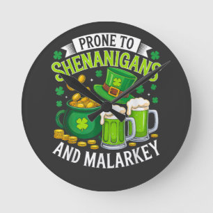 Irish Gnome St Patricks Prone to Shenanigans Round Clock