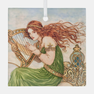 Irish Goddess Playing Harp – Celtic Art Nouveau  Glass Ornament