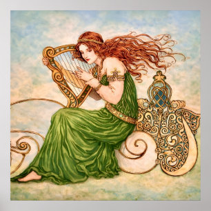 Irish Goddess Playing Harp – Celtic Art Nouveau  Poster