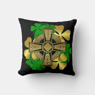Irish/Gold Celtic cross/shamrock green clover Throw Pillow