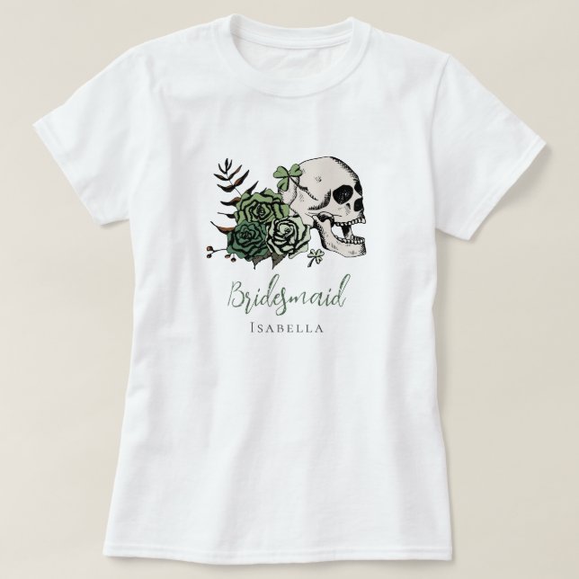 Irish Gothic Green Skull & Roses Bridesmaid Gift T-Shirt (Design Front)