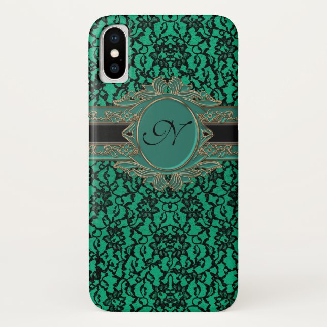 Irish Green and Black Lace Monogram iPhone X Case (Back)