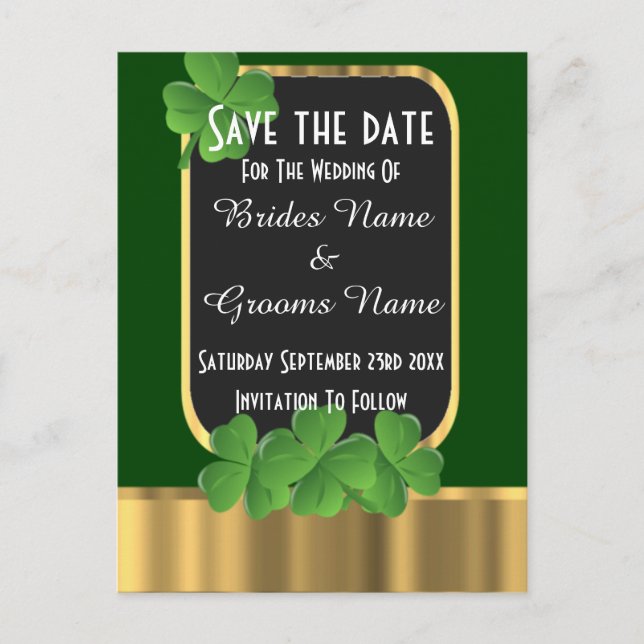 Irish green and gold save the date announcement postcard (Front)
