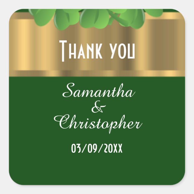 Irish green and gold thank you square sticker (Front)