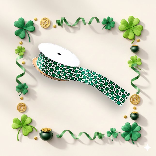 Irish Green Chequered Shamrock Pattern Design Satin Ribbon (Creator Uploaded)