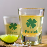 Irish Green Clover Personalized Monogram Name Shot Glass<br><div class="desc">Custom 4-leaf clover / shamrock shot glass has a simple first or last name monogram design that can be personalized. Makes a great wedding party gift for the groomsmen or present for your favourite Irish lad. A perfect accessory to celebrate St. Patrick's Day! Sláinte!</div>