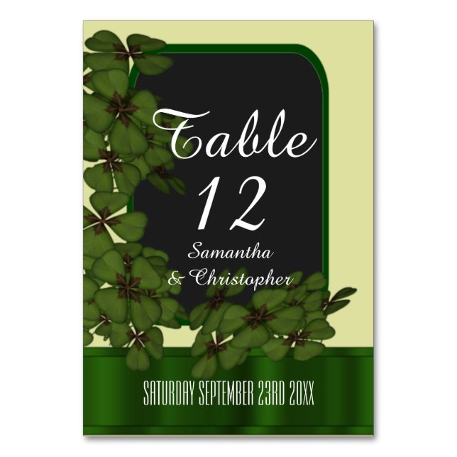Irish green, cream and shamrock wedding table number (Front)