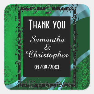Irish green damask and black thank you square sticker