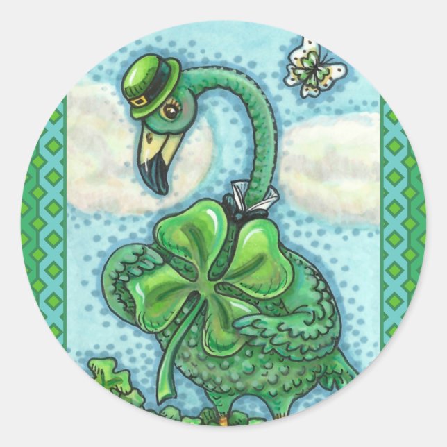 IRISH GREEN FLAMINGO, CUTE HAPPY ST. PATRICK'S DAY CLASSIC ROUND STICKER (Front)